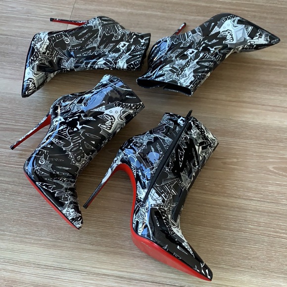 Louboutin limited edition artistic signature black/white print ankle hi boots - Picture 13 of 17